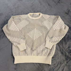 VTG London Fog Sweater Mens Sz L Cream & Gray Geometric Knit Made in USA Retro